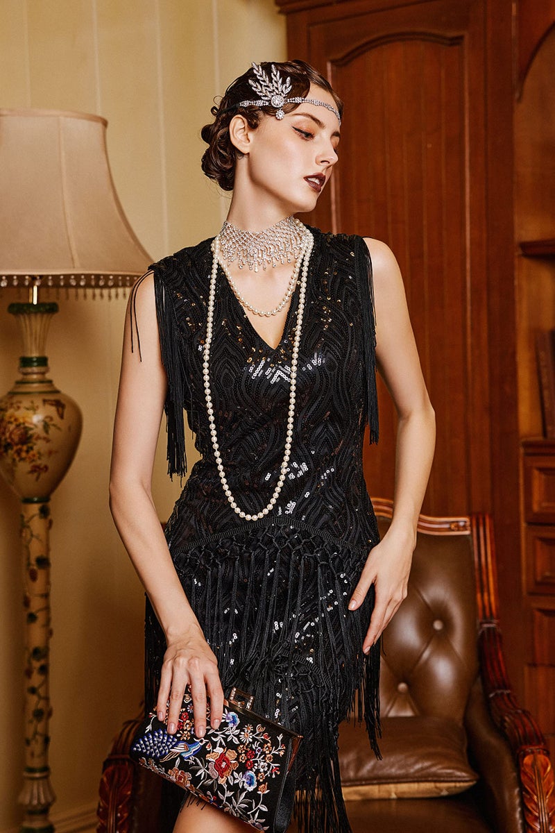 BABEYOND 1920s Flapper Dress Long Fringed Gatsby Dress Roaring 20s Sequins Beaded Dress Vintage Art Deco Dress Black - Image 3